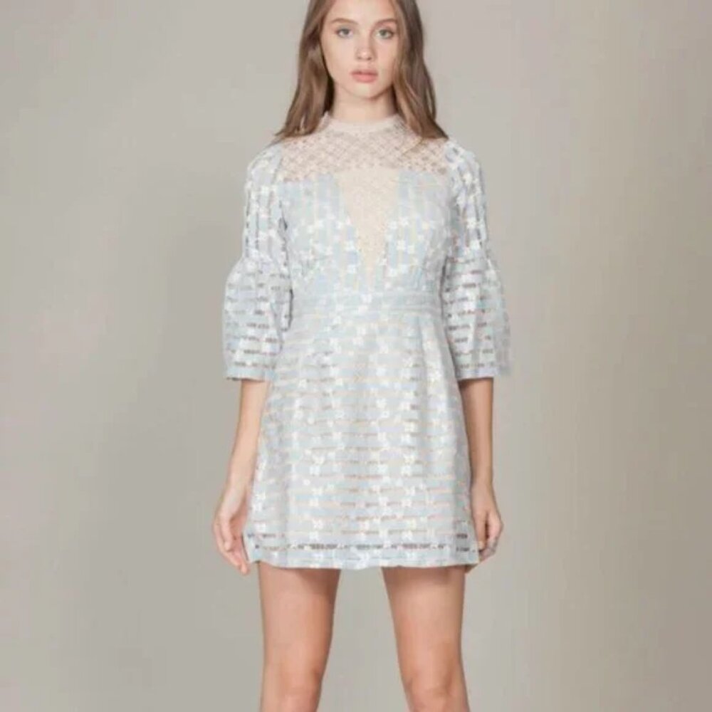 Foxiedox Baby Blue & Cream Cordelia Lace Bell Sleeve Mini Dress Large NWT